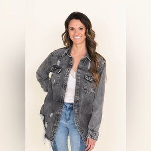 Distress denim shacket